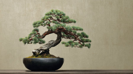 Captivating bonsai tree displayed in a sleek black pot, showcasing lush green leaves and twisted branches, embodying tranquility and elegant simplicity.の素材