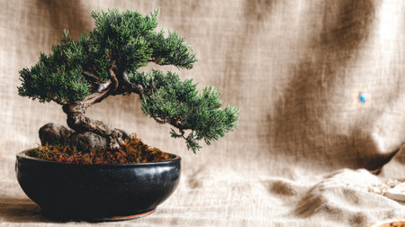A stunning bonsai tree in a black pot sits gracefully on a natural fabric backdrop, embodying the tranquility and beauty of nature in any home decor setting.の素材