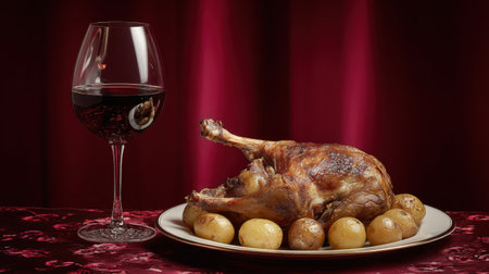 This captivating image features a beautifully roasted chicken served with golden potatoes, complemented by a glass of red wine, all set against a rich burgundy backdrop. Perfect for showcasing gourmet dining.の素材