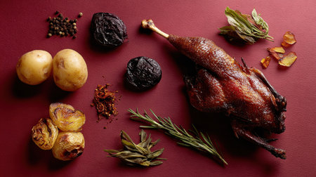 A beautifully arranged still life featuring a roasted duck alongside fresh herbs, spices, and golden potatoes, ideal for culinary inspiration and gourmet recipes.の素材