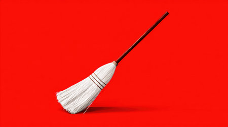A classic white broom leans gracefully against a vivid red background, creating a striking visual contrast perfect for cleaning and home decor themes.の素材