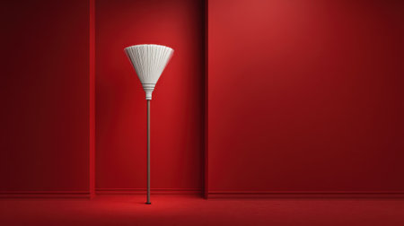 A striking white floor lamp stands elegantly against a vibrant red wall, embodying minimalist design. This image captures a stylish decor, showcasing a modern aesthetic perfect for inspiring interior creativity and bold choices in home decoration.の素材