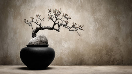 This striking image showcases an elegant bonsai tree with twisted branches in a black pot, set against a textured wall. Ideal for tranquil decor.の素材