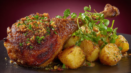 A beautifully plated crispy roasted duck leg served with herb-infused potatoes and vibrant microgreens, perfect for showcasing culinary artistry.の素材