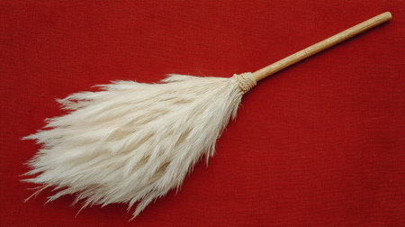 A soft and fluffy feather duster displayed against a vibrant red background, highlighting its elegant design and natural materials for effective cleaning.の素材