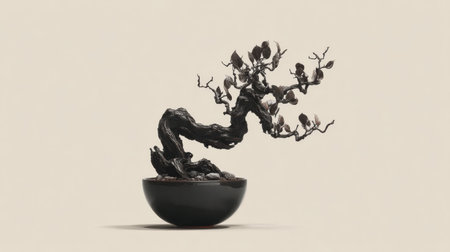 This striking bonsai tree sculpture features beautifully twisted branches and delicate leaves, set in a glossy black pot against a minimalist backdrop.の素材