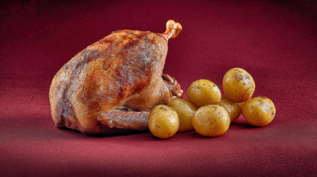 A beautifully presented crispy roasted chicken with seasoned potatoes, set against a rich burgundy backdrop. Ideal for gourmet food photography.の素材