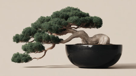 This stunning bonsai tree showcases a unique curved trunk with lush green foliage, elegantly placed in a sleek black pot. The piece symbolizes tranquility and harmony, making it an ideal addition to indoor decor or a serene garden space.の素材