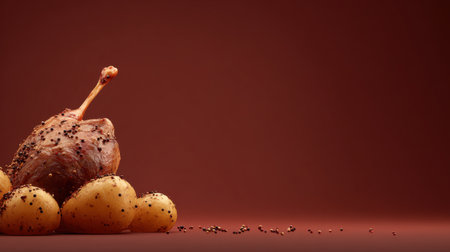 A rustic arrangement featuring a succulent duck leg resting among golden baby potatoes. The deep brown background enhances the deliciousness of this culinary delight. Perfect for food enthusiasts and cooking inspiration.の素材