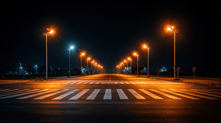 This serene nighttime urban landscape features a crosswalk illuminated by glowing streetlights, creating a tranquil atmosphere for pedestrians.の素材