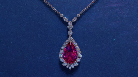This stunning pink gemstone necklace, adorned with brilliant diamonds, showcases exquisite craftsmanship against a deep blue backdrop, perfect for any occasion.の素材