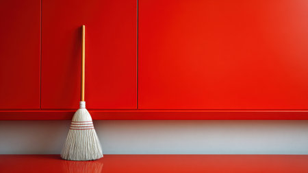 This image showcases a simple yet striking broom leaning against a vibrant red cabinet, emphasizing modern interior design and cleanliness concepts.の素材
