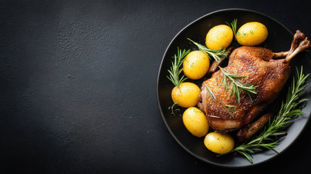 An elegant presentation of roasted duck accompanied by golden potatoes and fresh herbs, set against a dark background, ideal for food photography and culinary storytelling.の素材