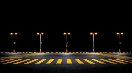 A serene nighttime image features a deserted crosswalk with prominent yellow stripes, illuminated by street lights against a dark backdrop, showcasing urban solitude.の素材