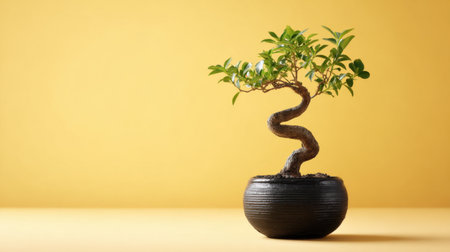 A beautifully twisted bonsai tree in a sleek black pot, set against a vibrant yellow backdrop, symbolizing peace and natural beauty in home decor.の素材
