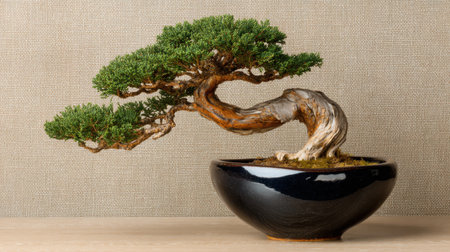 This stunning bonsai tree showcases intricate details and vibrant green foliage in a sleek black pot. Perfect for enriching spaces with a touch of nature and tranquility.の素材