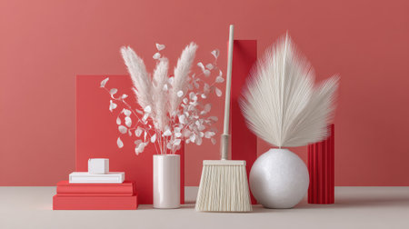 This captivating still life showcases a blend of textures and shapes in a chic coral palette, creating a modern aesthetic perfect for contemporary decor.の素材