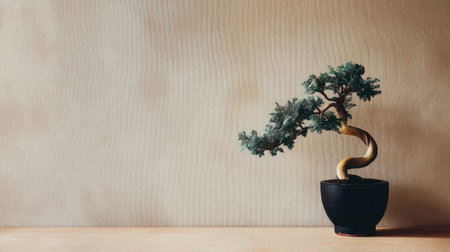 This stunning image features a meticulously shaped bonsai tree in a minimalist pot, set on a warm wooden surface, enhancing the serene ambiance of any interior space.の素材