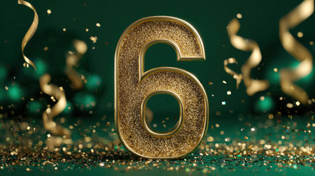 A striking golden number six surrounded by colorful confetti and streamers on a rich green background, perfect for festive celebrations and events.の素材