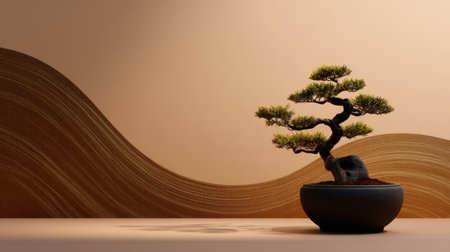 A beautifully crafted bonsai tree in a sleek black pot is showcased against smooth, textured background waves, emphasizing tranquility and elegance.の素材