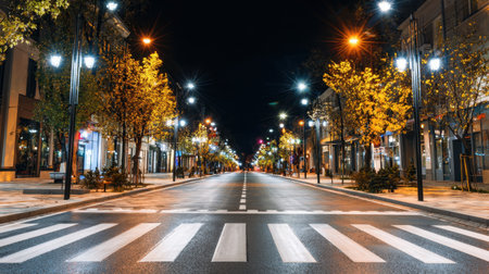A tranquil urban street at night featuring a zebra crosswalk, illuminated trees, and a unique city atmosphere, perfect for showcasing metropolitan charm.の素材