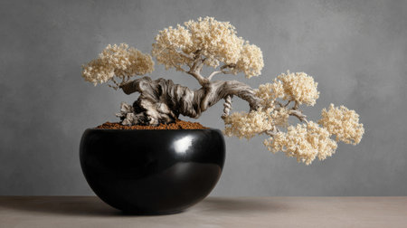 This stunning bonsai tree showcases delicate white flowers in a sleek black pot, embodying tranquility and elegance. Perfect for modern decor.の素材
