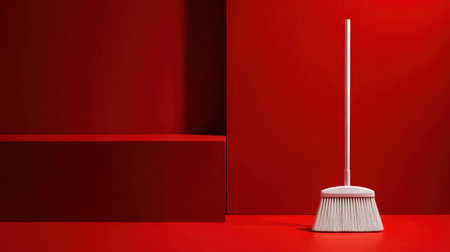 A strikingly simple broom stands prominently against a vibrant red background, embodying a perfect blend of functionality and aesthetic appeal in contemporary design.の素材