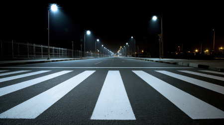 A serene nighttime view of an urban road featuring a prominent crosswalk, lit by streetlights, showcasing a tranquil and empty city atmosphere.の素材
