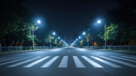 A tranquil urban street scene at night featuring illuminated trees along the sides and an empty zebra crossing leading to a serene atmosphere.の素材