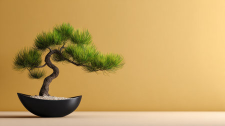 This image features a stunning bonsai tree in a modern black pot, set against a calming yellow background, perfect for adding a serene touch to any interior space.の素材