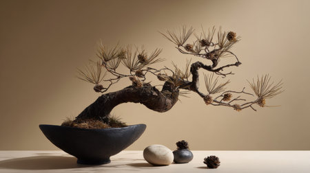 This captivating image features an elegant bonsai tree in a stylish pot, showcasing intricate details of nature, perfect for tranquil decor.の素材