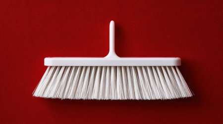 This image features a clean, minimalist white brush on a vibrant red background, perfect for representing cleanliness and home organization concepts.の素材