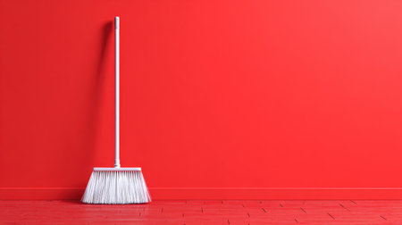 A simple and effective image featuring a clean broom leaning against a vibrant red wall, creating a striking visual contrast perfect for cleanliness and organization themes.の素材