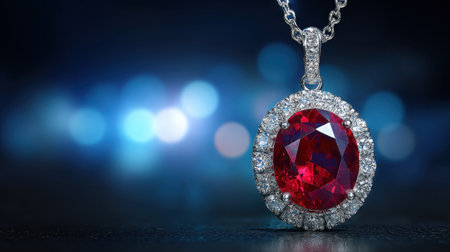 This captivating image features a stunning red ruby pendant adorned with sparkling diamond accents, set against a soft focus background, showcasing luxury.の素材