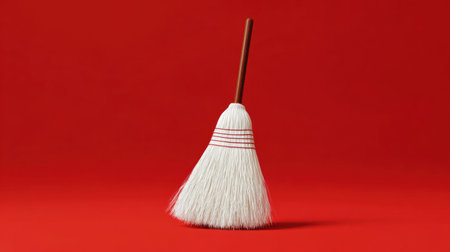 A classic broom featuring white bristles and a wooden handle, set against a bright red background. This image captures simplicity and functionality in a striking composition.の素材