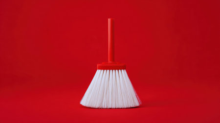 This image features a white broom with a vibrant red handle set against a bold red background, showcasing a minimalist and modern cleaning tool aesthetic.の素材