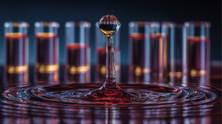 Captivating macro shot of a water droplet creating ripples, set against a vivid array of test tubes filled with colorful liquid, showcasing beauty in science.の素材
