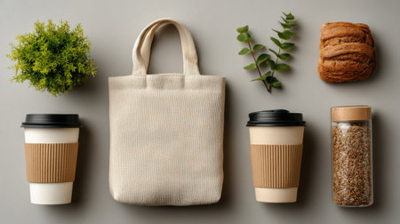 A minimalist flat lay showcasing two coffee cups, a pastry, a small plant, and an eco-friendly tote bag, perfect for a healthy breakfast setting.の素材