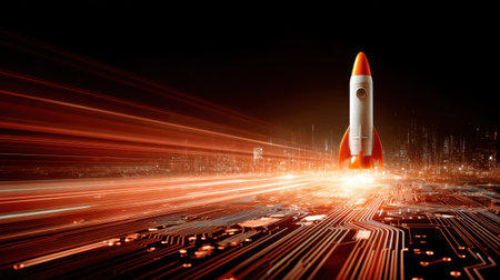 A captivating image of a rocket launching into the cosmos, set against an abstract technology background featuring illuminated circuit boards and dynamic light trails.の素材