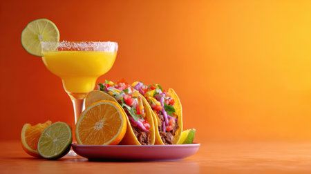 A vibrant display of tasty tacos topped with fresh salsa and garnished with lime and orange. The colorful cocktail adds a refreshing touch, perfect for summer dining.の素材