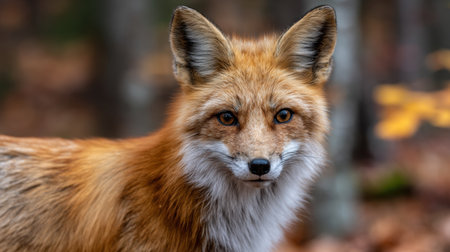 This close-up image showcases the captivating beauty of a red fox with striking fur in a tranquil woodland environment. Perfect for nature enthusiasts.の素材