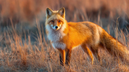 A striking image of a red fox standing in a golden meadow during sunset. The warm colors illuminate its beautiful fur and alert posture, emphasizing its wild spirit.の素材
