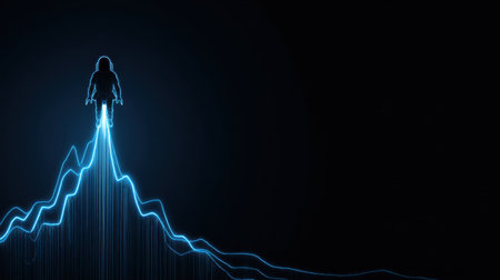 A striking silhouette of a figure stands at the peak of a glowing graph against a dark background, representing data analysis and innovation.の素材