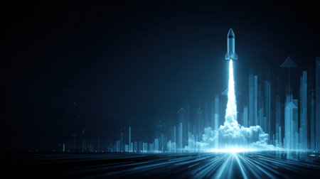This stunning image captures a rocket launch against a dramatic night skyline, showcasing a blend of technology and exploration in a vibrant atmosphere.の素材