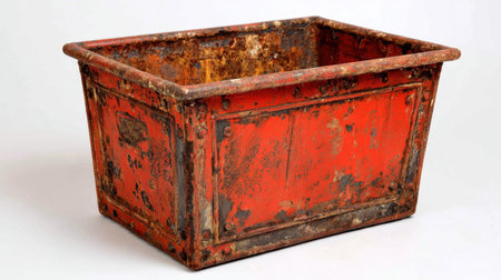 This vintage red metal container showcases a rustic, weathered texture with distinct rust patterns, perfect for decorative and artistic projects.の素材
