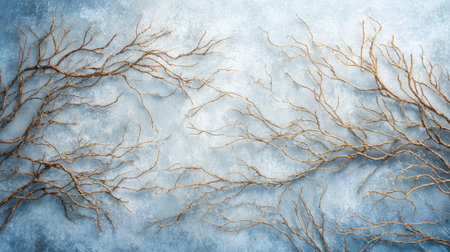 A captivating abstract arrangement of twisted dry branches against a textured blue background. Ideal for nature lovers and artistic themes.の素材