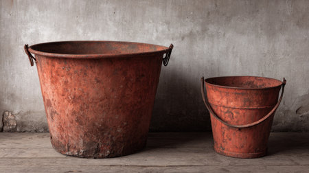 This image features a pair of vintage red metal buckets positioned on a wooden floor against a textured grungy wall, highlighting rustic charm.の素材