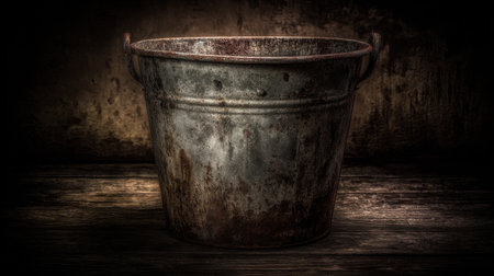 A weathered metal bucket exuding rustic charm, featuring deep textures and rich colors, perfect for enhancing any interior design project or photography.の素材