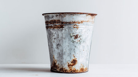 A vintage metal bucket featuring a rusty finish against a clean white background. Ideal for home decor, gardening projects, or rustic presentations.の素材