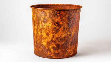 This image features a weathered rusty metal bucket against a clean white backdrop. The intense colors and textures provide a perfect representation of vintage charm.の素材